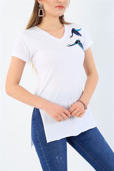 Nakış İşlemeli Likralı Beyaz Bayan Tişört 33561