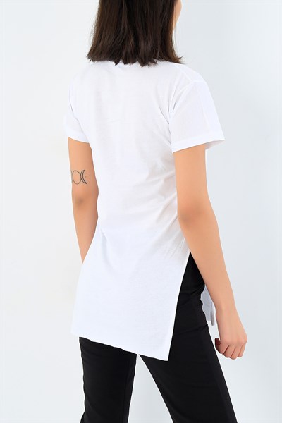Nakış İşlemeli Likralı Beyaz Bayan Tişört 33559