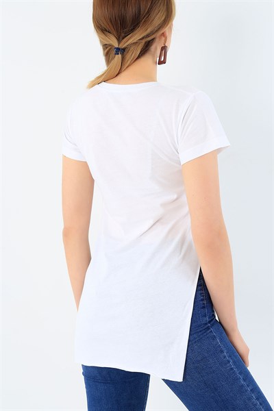 Nakış İşlemeli Likralı Beyaz Bayan Tişört 33561