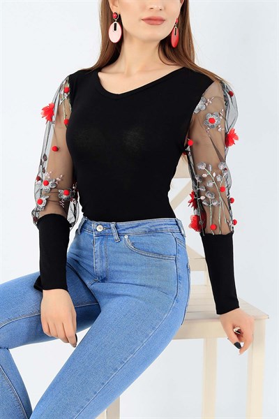 Nakışlı Kol Tasarım Siyah Bluz 27223B