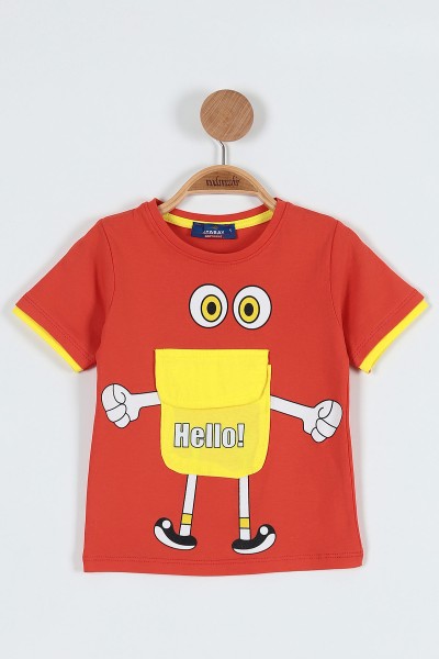Nar Çiçeği (0-4 Yaş) Hello Baskılı Cep Detaylı Erkek Bebe Tişört 185228