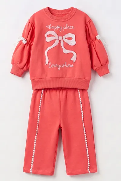 Nar Çiçeği (1-4 Yaş) Fiyonk Baskılı Büzgülü Kol 3 İp Şardonlu Kız Bebek&Çocuk Kışlık Takım 494949
