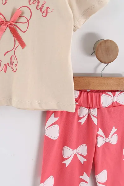 Nar Çiçeği (1-5 Yaş) Fiyonk Baskılı Tişört ve Pantolonlu Kız Çocuk 2'li Takım 458439