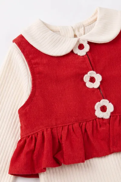 Nar Çiçeği (1-5 Yaş)Üç Çiçek Nakışlı Kadife Yelek ve Pantolonlu Bebe Yaka Fitilli Badili  Kız Çocuk 3'lü Takım 496017