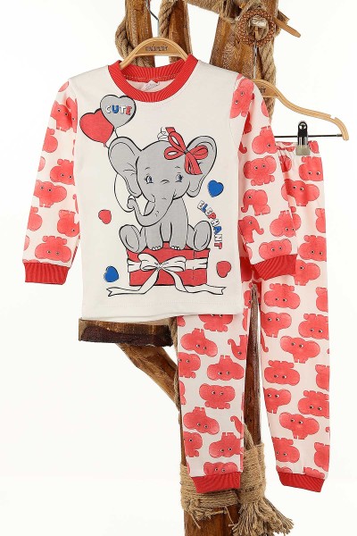 Nar Çiçeği (4-6 Yaş) Cute Fil Baskılı Kız Çocuk Pijama Takım 145167