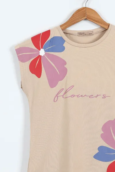 Nar Çiçeği (6-14 Yaş) Flowers Baskılı Şortlu Kız Çocuk Yazlık Takım 344591