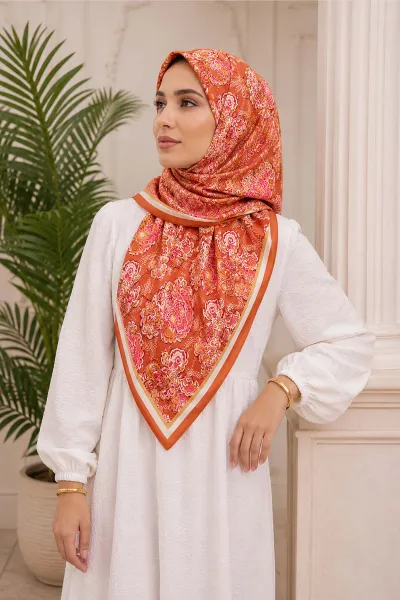 Nar Çiçeği 95x95 Cm Dijital Baskılı Mercan Desen Soft Eşarp 473270