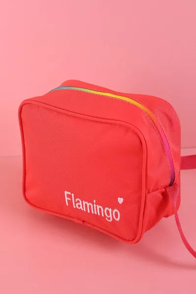 Nar Çiçeği Peluş Flamingo Kabartma Desenli Beslenme Çantalı İkili Sırt Çantası Seti 288996