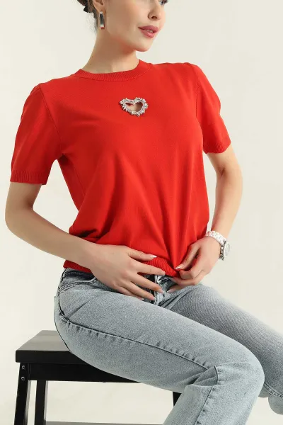 Nar Çiçeği Taş İşlemeli Recycle Triko Bluz 355388