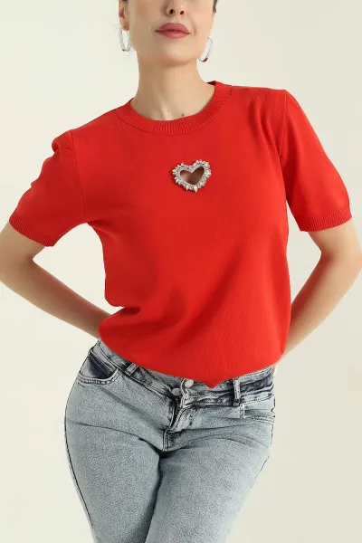 Nar Çiçeği Taş İşlemeli Recycle Triko Bluz 355388