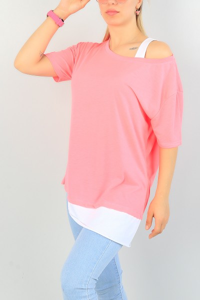 Neon Pembe Omuz Detay Eklemeli Bayan Tişört 66782