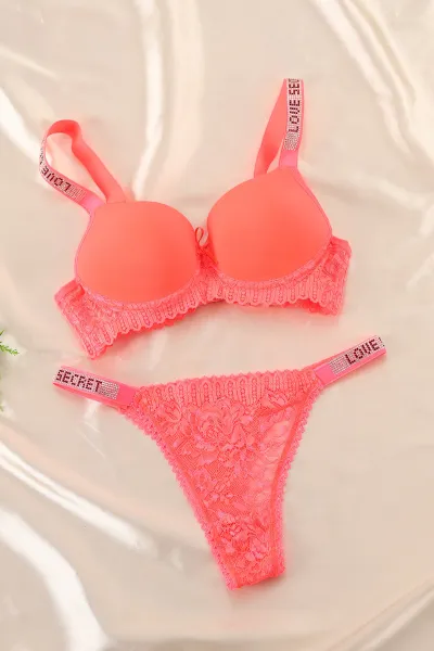 Neon Turuncu Taş Askılı Destekli Sütyen Takımı 337480