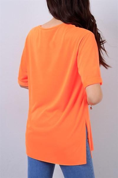 Neon Turuncu Yandan Yırtmaçlı Bayan Tişört 13842B