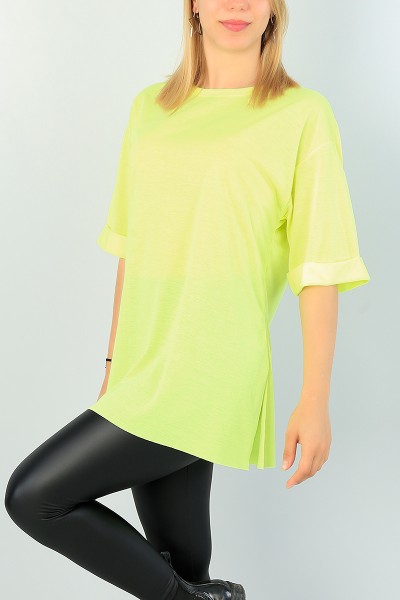 Neon Yeşil Duble Kol Bayan Yırtmaçlı Tişört 68187