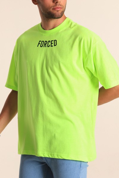 Neon Yeşili Bisiklet Yaka Sırt Baskılı Oversize Erkek Tişört 194151