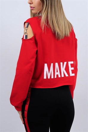 Omuz Detaylı Kırmızı Bayan Kısa Sweat 9672B