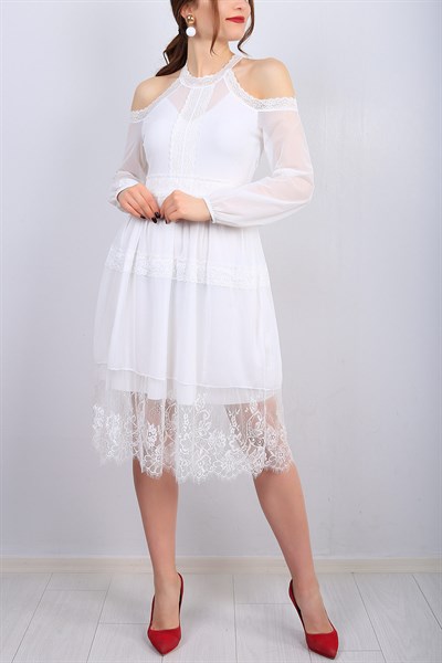 Omuzları Açık Beyaz Bayan Tül Elbise 13282B