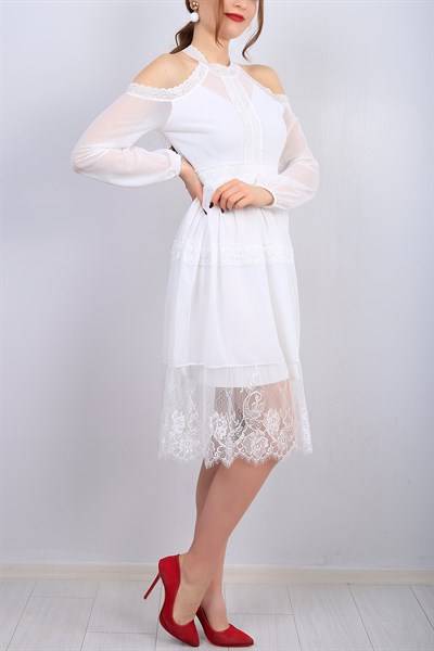 Omuzları Açık Beyaz Bayan Tül Elbise 13282B
