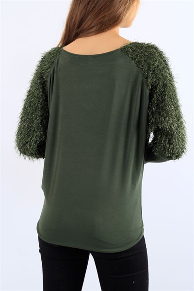 Omuzları Sakallı Likralı Yeşil Bluz 20123B