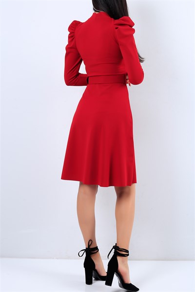 Omuzu Bükümlü Kemerli Kırmızı Elbise 19850B