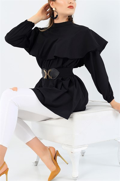 Önü Volanlı Siyah Poplin Tunik 36726
