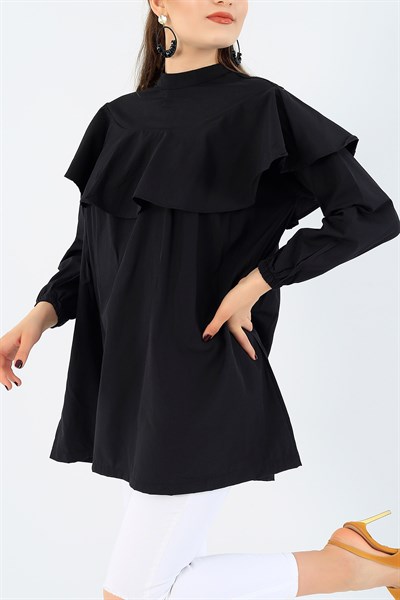 Önü Volanlı Siyah Poplin Tunik 36726