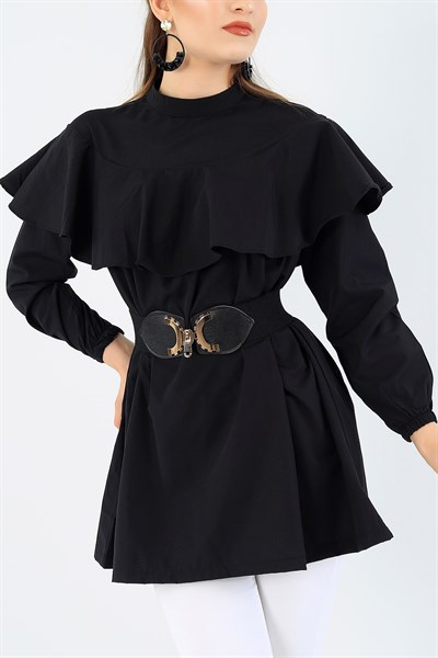 Önü Volanlı Siyah Poplin Tunik 36726