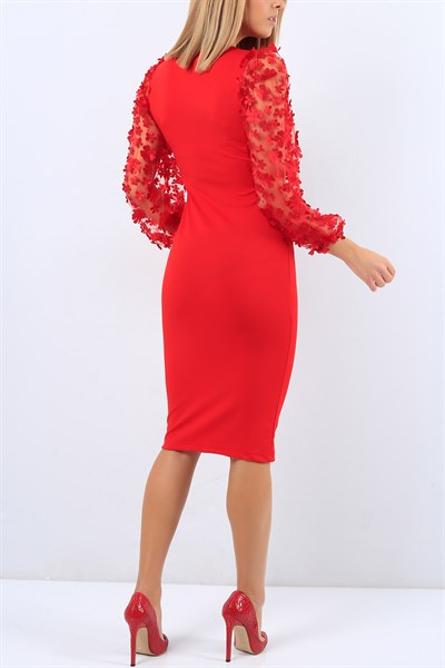 Papatya İşlemeli Likralı Kırmızı Elbise 20845B