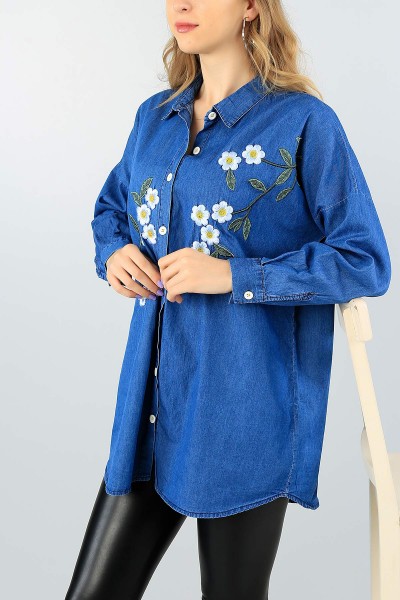 Nakışlı Yazlık Mavi Kot Bayan Gömlek Tunik 57888