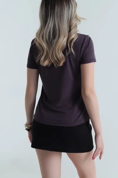 Patlıcan Moru Modal Bisiklet Yaka Kadın Tişört 482117