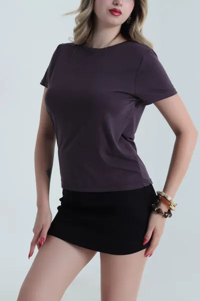 Patlıcan Moru Modal Bisiklet Yaka Kadın Tişört 482117