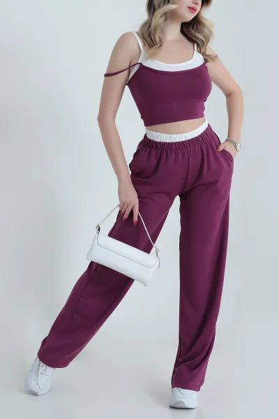 Patlıcan Moru Modal Crop Pantolon İkili Takım 471986