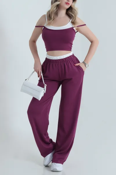 Patlıcan Moru Modal Crop Pantolon İkili Takım 471986