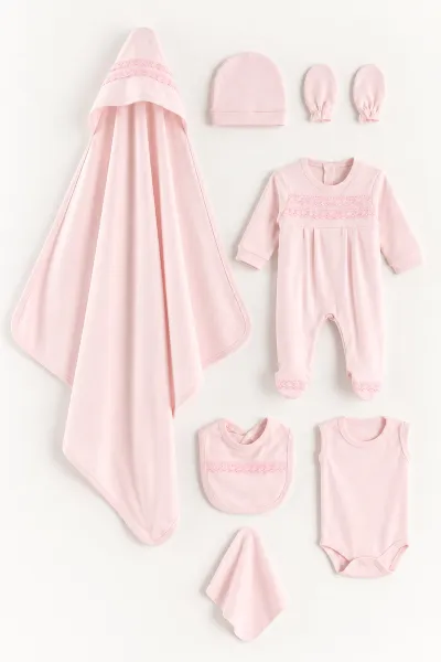 Pembe (0-1 Ay) İnce  Dantelli  Tulum, Battaniye ve 7'li Penye Kız Bebek Hastane Çıkış Seti 488666