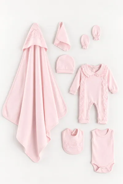 Pembe (0-1 Ay) Yuvarlak Yaka Güpürlü Tulum, Battaniye ve 7'li Penye Kız Bebek  Hastane Çıkış Seti 488241