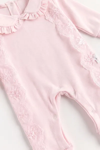 Pembe (0-1 Ay) Yuvarlak Yaka Güpürlü Tulum, Battaniye ve 7'li Penye Kız Bebek  Hastane Çıkış Seti 488241