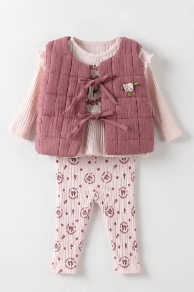 Pembe (0-12 Ay) Baskılı Fitilli Taytlı Yeleği Çiçek Nakışlı Kız Bebek 3'lü Takım 473273
