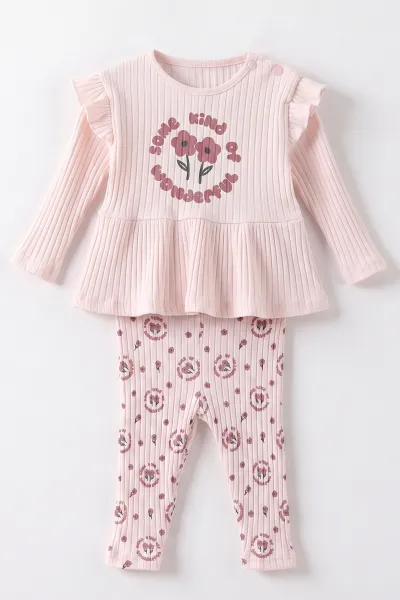 Pembe (0-12 Ay) Baskılı Fitilli Taytlı Yeleği Çiçek Nakışlı Kız Bebek 3'lü Takım 473273