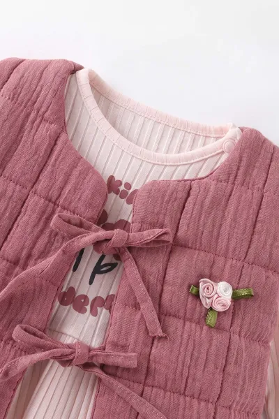 Pembe (0-12 Ay) Baskılı Fitilli Taytlı Yeleği Çiçek Nakışlı Kız Bebek 3'lü Takım 473273