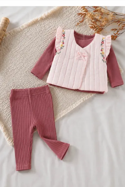 Pembe (0-12 Ay) Fitilli Taytlı Yeleği Çiçek Nakışlı Kız Bebek 3'lü Takım 473366