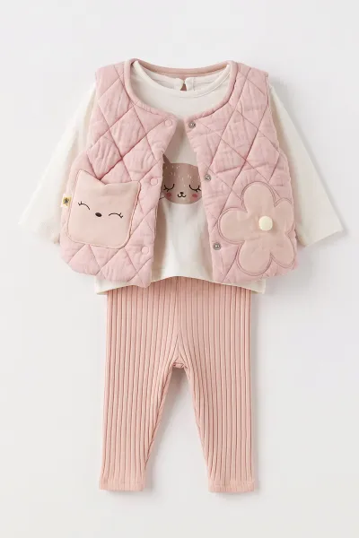 Pembe (0-12 Ay) Fitilli Taytlı Yeleği Ponponlu Kız Bebek 3'lü Takım 473369