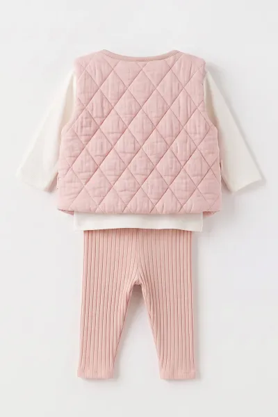 Pembe (0-12 Ay) Fitilli Taytlı Yeleği Ponponlu Kız Bebek 3'lü Takım 473369