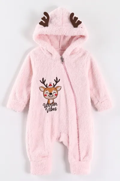 Pembe (0-12 Ay) Geyik Nakışlı Kapüşonlu Peluş Kız Bebek Tulum 494423