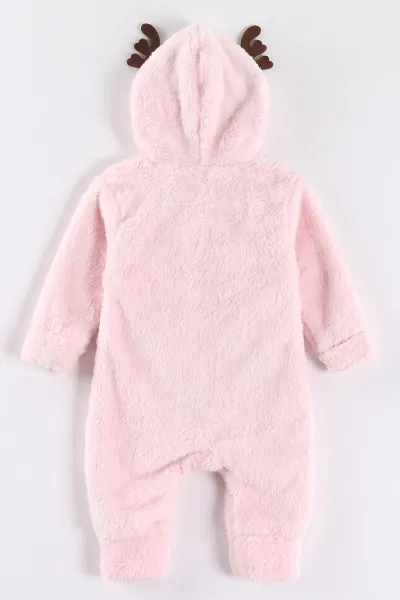 Pembe (0-12 Ay) Geyik Nakışlı Kapüşonlu Peluş Kız Bebek Tulum 494423