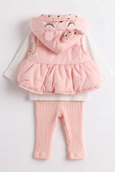 Pembe (0-12 Ay) Kapüşonlu Yelekli Fitilli Taytlı Kız Bebek 3'lü Takım 473372