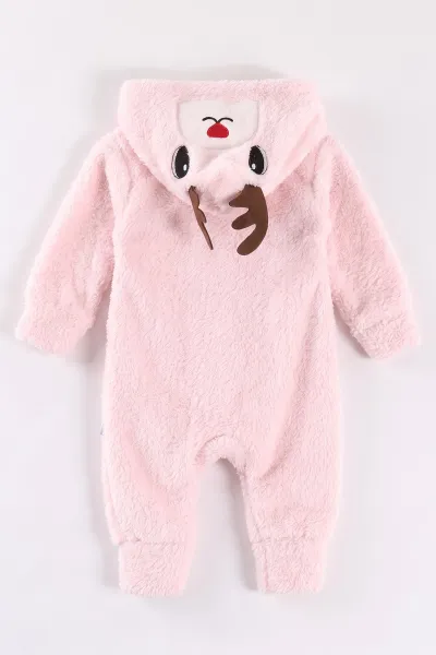 Pembe (0-12 Ay) Kapüşonu Geyik Nakışlı  Peluş Kız Bebek Tulum 495379