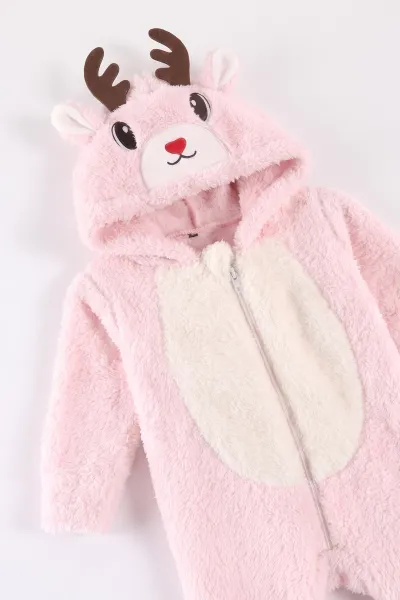 Pembe (0-12 Ay) Kapüşonu Geyik Nakışlı  Peluş Kız Bebek Tulum 495379