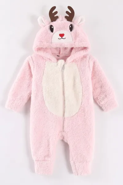 Pembe (0-12 Ay) Kapüşonu Geyik Nakışlı  Peluş Kız Bebek Tulum 495379