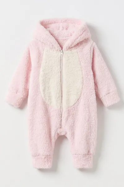 Pembe (0-12 Ay) Kapüşonu Tavşan Nakışlı  Peluş Kız Bebek Tulum  495760