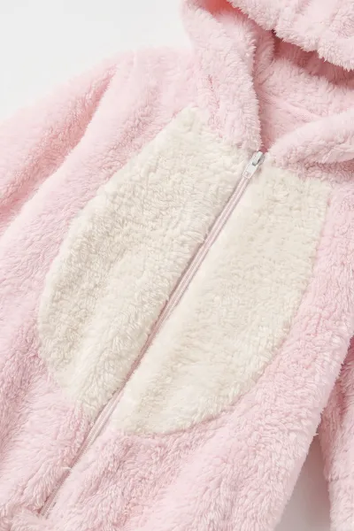 Pembe (0-12 Ay) Kapüşonu Tavşan Nakışlı  Peluş Kız Bebek Tulum  495760